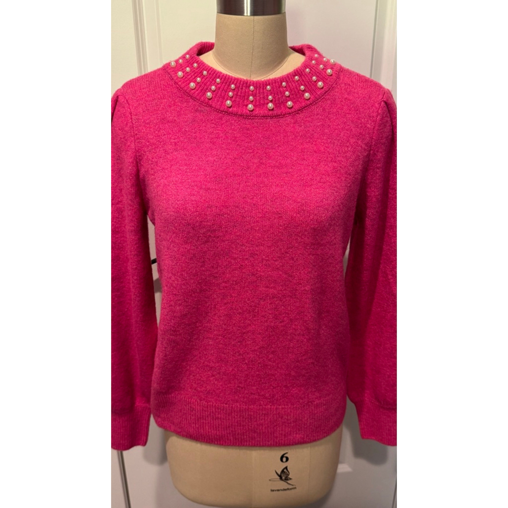 Women's CeCe Pink Pearl Embellished Crew Neck Sweater S